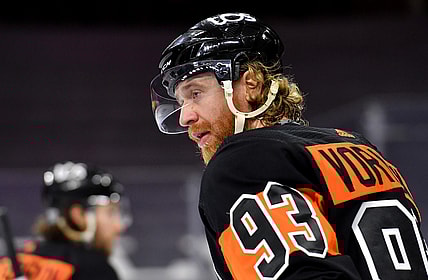 Jan 31, 2021; Philadelphia, Pennsylvania, USA; Philadelphia Flyers right wing Jakub Voracek (93) against the New York Islanders at Wells Fargo Center. Mandatory Credit: Eric Hartline-USA TODAY Sports