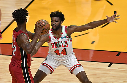 Apr 24, 2021; Miami, Florida, USA; Chicago Bulls forward Patrick Williams (44) pressures Miami Heat forward Jimmy Butler (22) during the first half at American Airlines Arena. Mandatory Credit: Jim Rassol-USA TODAY Sports