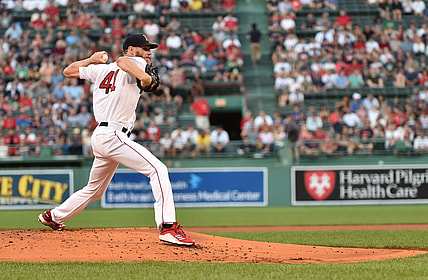 Aug 20, 2021; Boston, Massachusetts, USA;  Boston Red Sox starting pitcher Chris Sale (41) pitches during the first inning against the Texas Rangers at Fenway Park. Mandatory Credit: Bob DeChiara-USA TODAY Sports