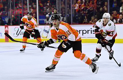 Nov 12, 2022; Philadelphia, Pennsylvania, USA; Philadelphia Flyers right wing Travis Konecny (11) in action against the Ottawa Senators  in the first period at Wells Fargo Center. Mandatory Credit: Kyle Ross-USA TODAY Sports