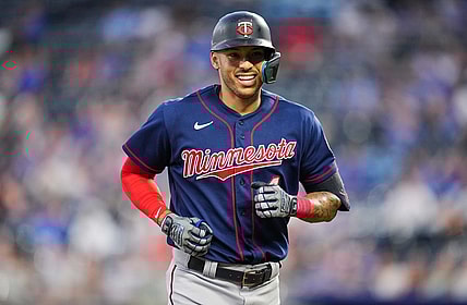 Sep 20, 2022; Kansas City, Missouri, USA; Minnesota Twins shortstop Carlos Correa (4) reacts while running off the field during the first inning against the Kansas City Royals at Kauffman Stadium. Mandatory Credit: Jay Biggerstaff-USA TODAY Sports