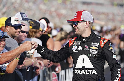 Jul 9, 2023; Hampton, Georgia, USA; NASCAR Cup Series driver William Byron (24) during driver introductions at Atlanta Motor Speedway. Mandatory Credit: Marvin Gentry-USA TODAY Sports