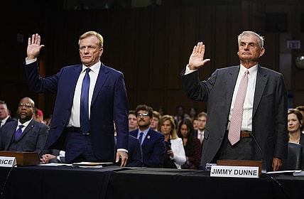 Jul 11, 2023; Washington, D.C., USA;  The Senate Homeland Security committee holds a hearing to examine the PGA-LIV deal with witnesses RON PRICE, Chief Operating Officer, PGA TOUR, left, and JIMMY DUNNE, Board Member, PGA TOUR, right, focusing on implications for the future of golf and Saudi Arabia's influence in the United States on July 11, 2023. Mandatory Credit: Jack Gruber-USA TODAY