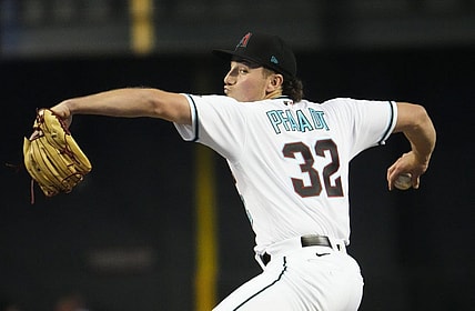 Arizona Diamondbacks starting pitcher Brandon Pfaadt (32) throws to the Los Angeles Dodgers in the first inning during Game 3 of the NLDS at Chase Field in Phoenix on Oct. 11, 2023.