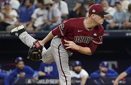 Oct 27, 2023; Arlington, TX, USA; Arizona Diamondbacks pitcher Joe Mantiply (35) throws during the seventh inning in game one of the 2023 World Series against the Texas Rangers at Globe Life Field. Mandatory Credit: Raymond Carlin III-USA TODAY Sports
