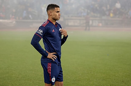 Oct 21, 2023; New York, NY, New York, NY, USA; Chicago Fire defender Miguel Angel Navarro (6) reacts after a match against the New York City FC at Citi Field. Mandatory Credit: Vincent Carchietta-USA TODAY Sports