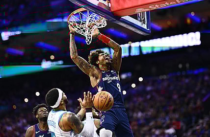 Mar 16, 2024; Philadelphia, Pennsylvania, USA; Philadelphia 76ers guard Kelly Oubre Jr (9) dunks against the Charlotte Hornets in the first quarter at Wells Fargo Center. Mandatory Credit: Kyle Ross-USA TODAY Sports