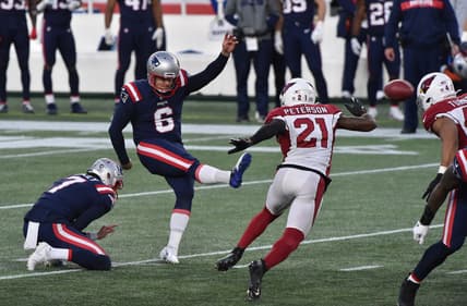 Nov 29, 2020; Foxborough, Massachusetts, USA;  New England Patriots kicker Nick Folk (6) kicks the game winning field goal with no time left on the clock during the second half against the Arizona Cardinals at Gillette Stadium. Mandatory Credit: Bob DeChiara-USA TODAY Sports