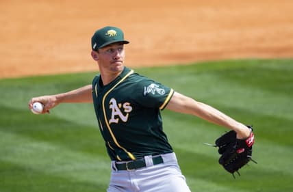 Mar 20, 2021; Tempe, Arizona, USA; Oakland Athletics pitcher Chris Bassitt against the Los Angeles Angels during a Spring Training game at Tempe Diablo Stadium. Mandatory Credit: Mark J. Rebilas-USA TODAY Sports