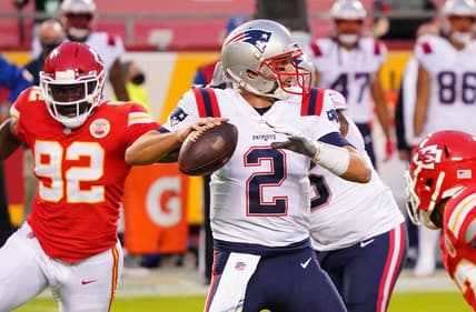 Oct 5, 2020; Kansas City, Missouri, USA; New England Patriots quarterback Brian Hoyer (2) throws a pass against the Kansas City Chiefs during the second quarter of a NFL game at Arrowhead Stadium. Mandatory Credit: Jay Biggerstaff-USA TODAY Sports