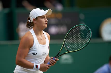 Jul 3, 2021; London, United Kingdom;  Ashleigh Barty (AUS) plays Katerina Siniakova (CZE)  on Centre Court in the women   s third round at All England Lawn Tennis and Croquet Club. Mandatory Credit: Peter van den Berg-USA TODAY Sports