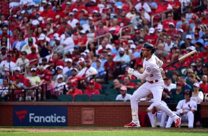 Sep 19, 2021; St. Louis, Missouri, USA; St. Louis Cardinals right fielder Dylan Carlson (3) hits a one run single during the seventh inning against the San Diego Padres at Busch Stadium. Mandatory Credit: Jeff Curry-USA TODAY Sports