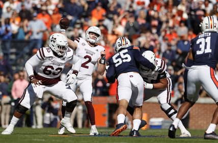 Nov 13, 2021; Auburn, Alabama, USA;  Mississippi State Bulldogs quarterback Will Rogers (2) throws a pass during the first quarter against the Auburn Tigers at Jordan-Hare Stadium.  Mandatory Credit: John Reed-USA TODAY Sports