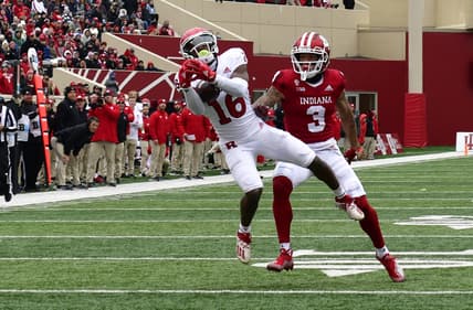 Nov 13, 2021; Bloomington, Indiana, USA;  The Rutgers Scarlet Knights defensive back Max Melton (16) intercepts a ball meant for Indiana Hoosiers wide receiver Ty Fryfogle (3) during the second quarter at Memorial Stadium. Mandatory Credit: Marc Lebryk-USA TODAY Sports