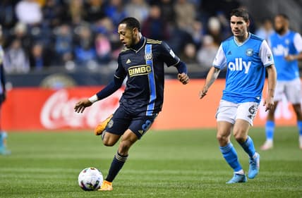 Apr 2, 2022; Philadelphia, Pennsylvania, USA; Philadelphia Union midfielder Jose Martinez (8) controls the ball in the first half against Charlotte FC at Subaru Park. Mandatory Credit: Kyle Ross-USA TODAY Sports