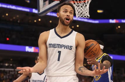 May 1, 2022; Memphis, Tennessee, USA; Memphis Grizzlies forward Kyle Anderson (1) looks to the referee for a call as they play the Golden State Warriors during game one of the second round for the 2022 NBA playoffs at FedExForum. Mandatory Credit: Joe Rondone-USA TODAY Sports