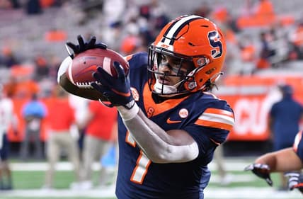 Sep 24, 2021; Syracuse, New York, USA; Syracuse Orange linebacker Stefon Thompson catches a pass  before a game against the Liberty Flames at the Carrier Dome. Mandatory Credit: Mark Konezny-USA TODAY Sports