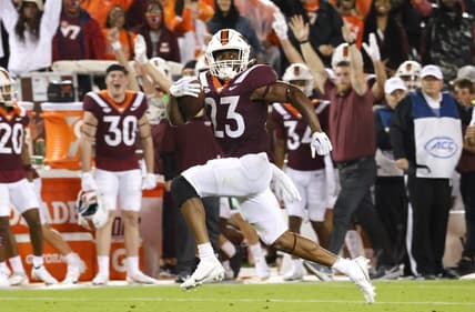 Sep 10, 2022; Blacksburg, Virginia, USA;  Virginia Tech Hokies running back Keshawn King (23) runs for a touchdown during the second quarter against the Boston College Eagles at Lane Stadium. Mandatory Credit: Reinhold Matay-USA TODAY Sports