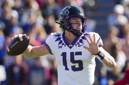 Oct 8, 2022; Lawrence, Kansas, USA; TCU Horned Frogs quarterback Max Duggan (15) throws a pass during the first half against the Kansas Jayhawks at David Booth Kansas Memorial Stadium. Mandatory Credit: Jay Biggerstaff-USA TODAY Sports