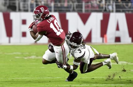 Oct 22, 2022; Tuscaloosa, Alabama, USA;  Mississippi State Bulldogs defensive back Decamerion Richardson (3) brings down Alabama Crimson Tide wide receiver JoJo Earle (10) during the first half at Bryant-Denny Stadium. Mandatory Credit: Gary Cosby Jr.-USA TODAY Sports
