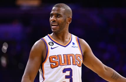 Nov 7, 2022; Philadelphia, Pennsylvania, USA; Phoenix Suns guard Chris Paul (3) reacts against the Philadelphia 76ers in the first quarter  at Wells Fargo Center. Mandatory Credit: Kyle Ross-USA TODAY Sports
