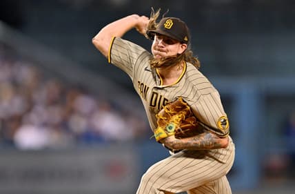 Oct 11, 2022; Los Angeles, California, USA; San Diego Padres pitcher Mike Clevinger (52) throws in the first inning of game one of the NLDS for the 2022 MLB Playoffs against the Los Angeles Dodgers at Dodger Stadium. Mandatory Credit: Jayne Kamin-Oncea-USA TODAY Sports