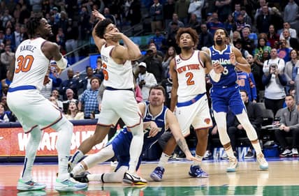 Dec 27, 2022; Dallas, Texas, USA;  Dallas Mavericks guard Luka Doncic (77) reacts after scoring near the end of the fourth quarter against the New York Knicks at American Airlines Center. Mandatory Credit: Kevin Jairaj-USA TODAY Sports