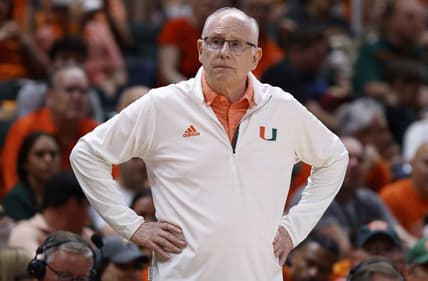 Feb 25, 2023; Coral Gables, Florida, USA; Miami Hurricanes head coach Jim Larranaga reacts during the second half against the Florida State Seminoles at Watsco Center. Mandatory Credit: Rhona Wise-USA TODAY Sports