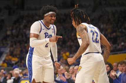 Pittsburgh Panthers Nike Sibande (22) celebrates with Blake Hinson (2) after making a three point shot during the second half against the Syracuse Orange on February 25, 2023 at the Petersen Events Center in Pittsburgh, PA.

Pittsburgh Panthers Vs Syracuse Orange Mens Basketball