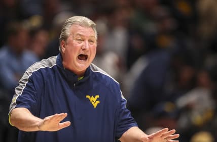 Mar 4, 2023; Morgantown, West Virginia, USA; West Virginia Mountaineers head coach Bob Huggins yells during the first half against the Kansas State Wildcats at WVU Coliseum. Mandatory Credit: Ben Queen-USA TODAY Sports