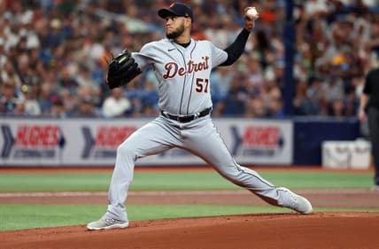 Mar 30, 2023; St. Petersburg, Florida, USA; Detroit Tigers starting pitcher Eduardo Rodriguez (57) throws a pitch against the Tampa Bay Rays during the first inning at Tropicana Field. Mandatory Credit: Kim Klement-USA TODAY Sports