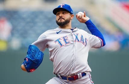 Apr 19, 2023; Kansas City, Missouri, USA; Texas Rangers starting pitcher Martin Perez (54) warms up during the first inning against the Kansas City Royals at Kauffman Stadium. Mandatory Credit: Jay Biggerstaff-USA TODAY Sports