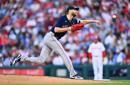 May 5, 2023; Philadelphia, Pennsylvania, USA; Boston Red Sox pitcher Chris Sale (41) throws a pitch against the Philadelphia Phillies in the first inning at Citizens Bank Park. Mandatory Credit: Kyle Ross-USA TODAY Sports