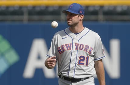 Jun 9, 2023; Pittsburgh, Pennsylvania, USA;  New York Mets pitcher Max Scherzer (21) walks in the outfield  before the game against the Pittsburgh Pirates at PNC Park. Mandatory Credit: Charles LeClaire-USA TODAY Sports