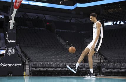 Jun 24, 2023; San Antonio, TX, USA; San Antonio Spurs draft pick Victor Wembanyama shoots around at a press conference at AT&T Center. Mandatory Credit: Troy Taormina-USA TODAY Sports