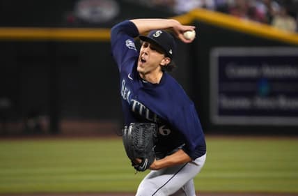 Jul 28, 2023; Phoenix, Arizona, USA; Seattle Mariners starting pitcher Logan Gilbert (36) pitches against the Arizona Diamondbacks during the first inning at Chase Field. Mandatory Credit: Joe Camporeale-USA TODAY Sports