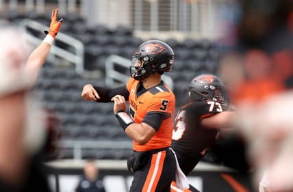Oregon State quarterback DJ Uiagalelei (5) passes the ball during the spring showcase at Reser Stadium, Saturday, April 22, 2023, in Corvallis, Ore.

Oregon State Spring Game679