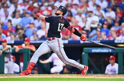 Aug 12, 2023; Philadelphia, Pennsylvania, USA; Minnesota Twins first baseman Joey Gallo (13) hits a home run against the Philadelphia Phillies in the fourth inning at Citizens Bank Park. Mandatory Credit: Kyle Ross-USA TODAY Sports
