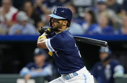 Sep 15, 2023; Kansas City, Missouri, USA; Kansas City Royals left fielder MJ Melendez (21) hits a single during the first inning against the Houston Astros at Kauffman Stadium. Mandatory Credit: Jay Biggerstaff-USA TODAY Sports