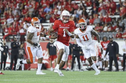 Sep 23, 2023; Houston, Texas, USA; Houston Cougars quarterback Donovan Smith (1) runs with the ball during the third quarter against the Sam Houston State Bearkats at TDECU Stadium. Mandatory Credit: Troy Taormina-USA TODAY Sports