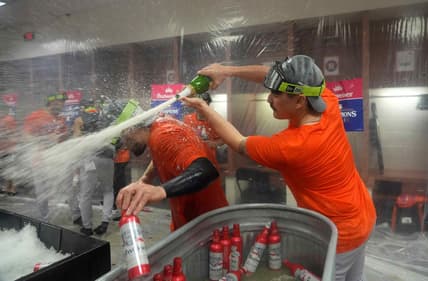 Oct 1, 2023; Phoenix, Arizona, USA; Houston Astros pitcher JP France celebrates after clinching the American League west division with their victory over the Arizona Diamondbacks at Chase Field. Mandatory Credit: Joe Camporeale-USA TODAY Sports