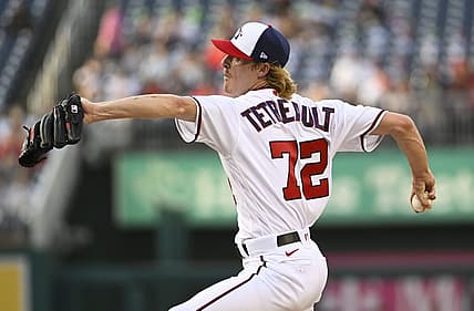 Jun 14, 2022; Washington, District of Columbia, USA; Washington Nationals starting pitcher Jackson Tetreault (72) throws to the Atlanta Braves during the first inning at Nationals Park. Mandatory Credit: Brad Mills-USA TODAY Sports