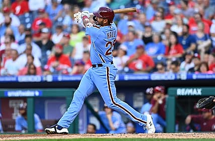Jun 30, 2022; Philadelphia, Pennsylvania, USA; Philadelphia Phillies first baseman Darick Hall (25) hits a home run against the Atlanta Braves in the fourth inning at Citizens Bank Park. Mandatory Credit: Kyle Ross-USA TODAY Sports
