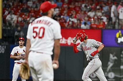 Jul 8, 2022; St. Louis, Missouri, USA;  Philadelphia Phillies third baseman Alec Bohm (28) reacts as he runs the bases after hitting a solo home run off of St. Louis Cardinals starting pitcher Adam Wainwright (50) during the eighth inning at Busch Stadium. Mandatory Credit: Jeff Curry-USA TODAY Sports