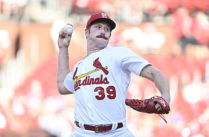 Jul 11, 2022; St. Louis, Missouri, USA;  St. Louis Cardinals starting pitcher Miles Mikolas (39) pitches against the Philadelphia Phillies during the first inning at Busch Stadium. Mandatory Credit: Jeff Curry-USA TODAY Sports