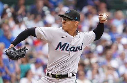 Aug 7, 2022; Chicago, Illinois, USA; Miami Marlins starting pitcher Jesus Luzardo (44) throws the ball against the Chicago Cubs during the second inning at Wrigley Field. Mandatory Credit: David Banks-USA TODAY Sports