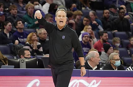 Mar 6, 2022; Evanston, Illinois, USA; Northwestern Wildcats head coach Chris Collins gestures to his team during the second half at Welsh-Ryan Arena. Mandatory Credit: David Banks-USA TODAY Sports