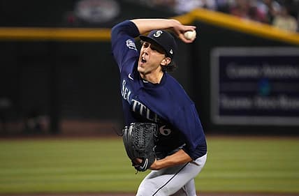 Jul 28, 2023; Phoenix, Arizona, USA; Seattle Mariners starting pitcher Logan Gilbert (36) pitches against the Arizona Diamondbacks during the first inning at Chase Field. Mandatory Credit: Joe Camporeale-USA TODAY Sports