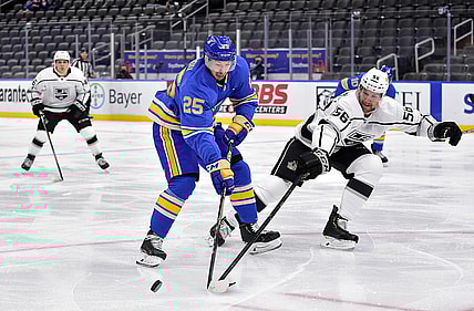 Jan 23, 2021; St. Louis, Missouri, USA;  Los Angeles Kings defenseman Kurtis MacDermid (56) defends against St. Louis Blues center Jordan Kyrou (25) during the second period at Enterprise Center. Mandatory Credit: Jeff Curry-USA TODAY Sports