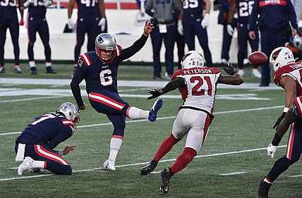 Nov 29, 2020; Foxborough, Massachusetts, USA;  New England Patriots kicker Nick Folk (6) kicks the game winning field goal with no time left on the clock during the second half against the Arizona Cardinals at Gillette Stadium. Mandatory Credit: Bob DeChiara-USA TODAY Sports